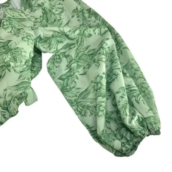 NWT Eloquii Green Floral Cropped Shirt with Long Balloon Sleeves - Picture 5 of 7